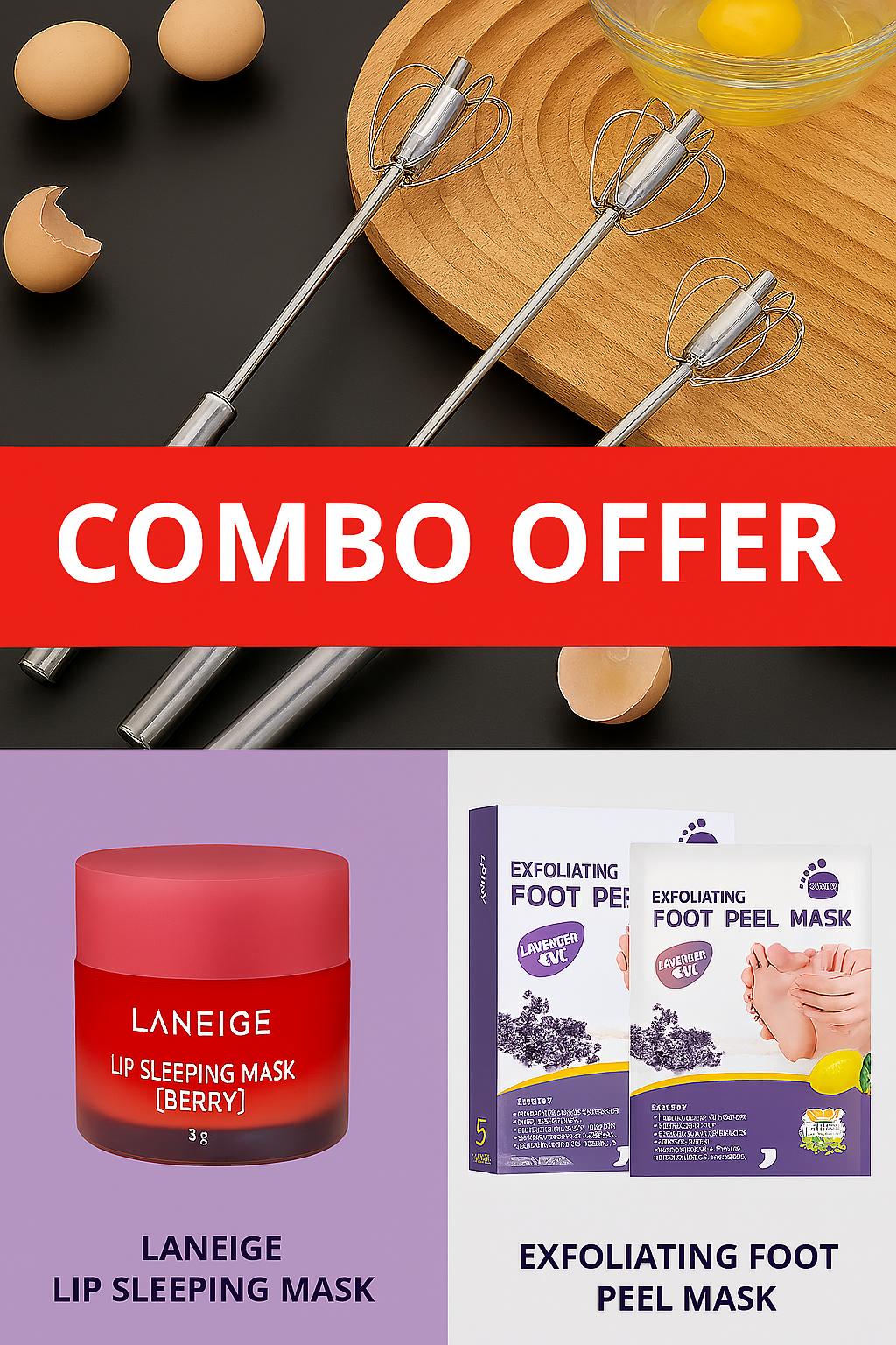 Copilot_20251002_120621 3 in 1 Combo Offer : সেমি -অটোমেটিক বিটার + ফুট পিল মাস্ক + Laneige লিপ স্লিপিং মাস্ক ৩ গ্রাম